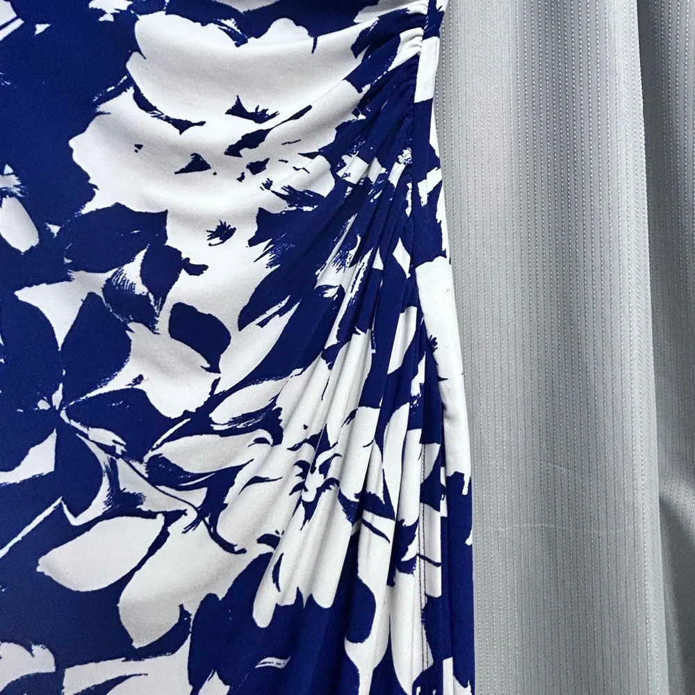 Lauren Ralph Lauren floral Dress blue white ruched waist 8 EUC CHURCH DINNER